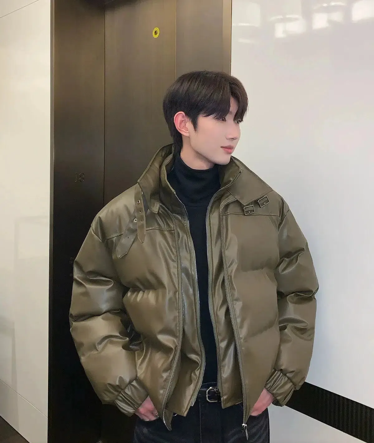 Leather Stand-up Collar Insulated Jacket