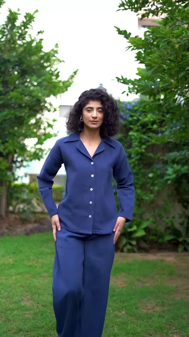 Navy Blue Warm Cotton Waffle Comfort Fit Button-Down Shirt