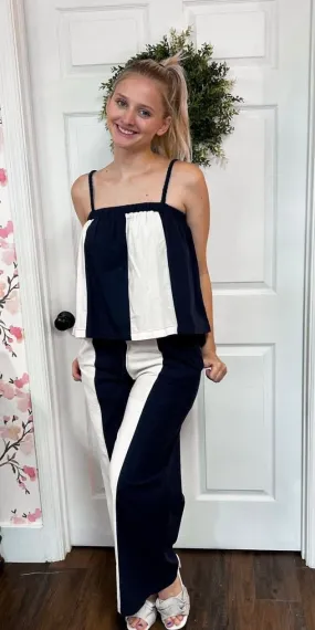 Navy Striped Flowy Tank With Braided Straps & Wide Leg Pant Set