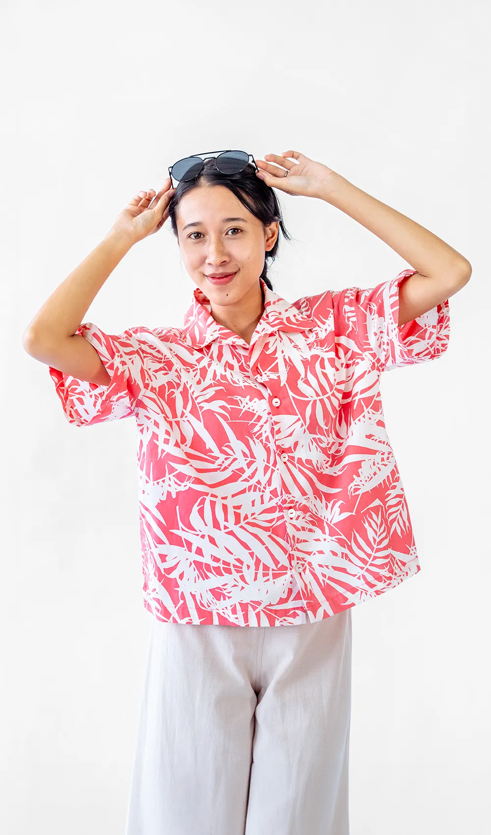 Palm Bright Coral Cotton Relax Button Up, 2 sizes