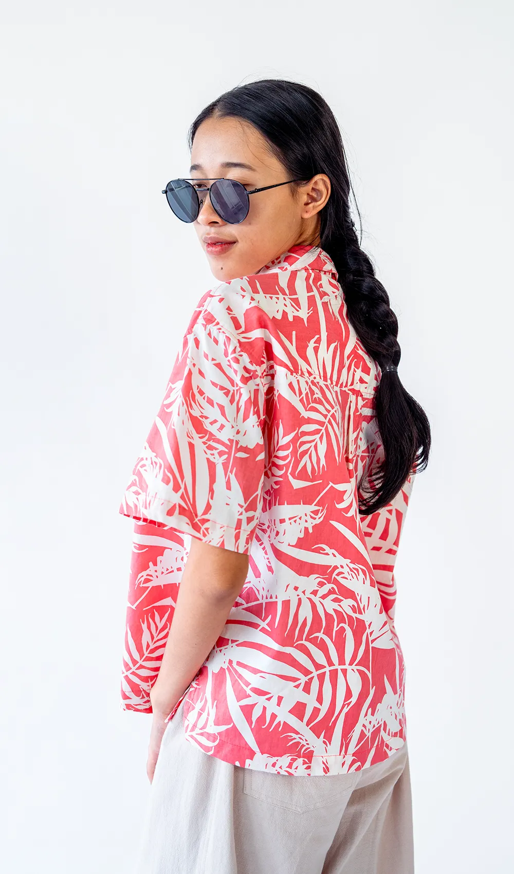 Palm Bright Coral Cotton Relax Button Up, 2 sizes