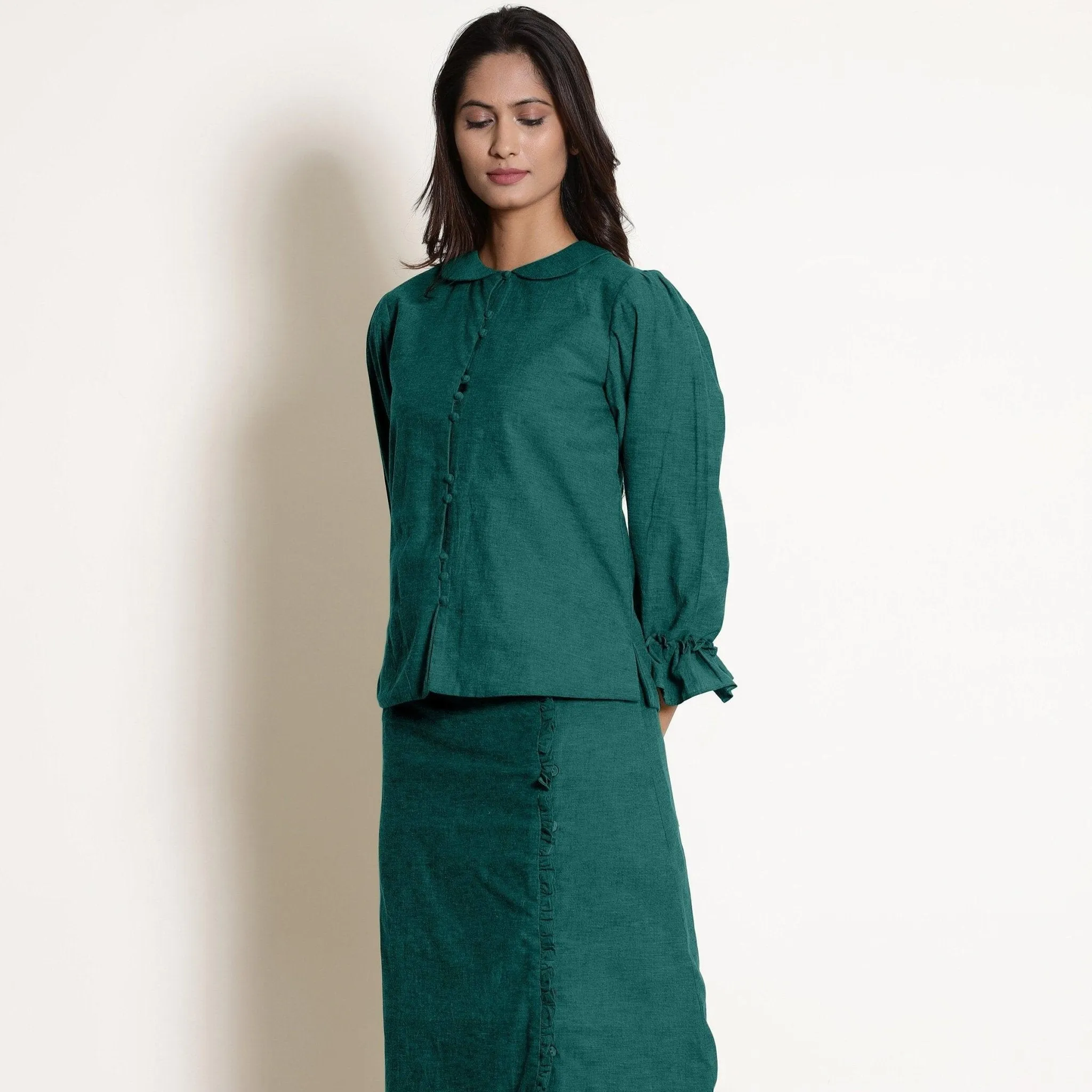 Pine Green Warm Cotton Frilled Sleeve Top