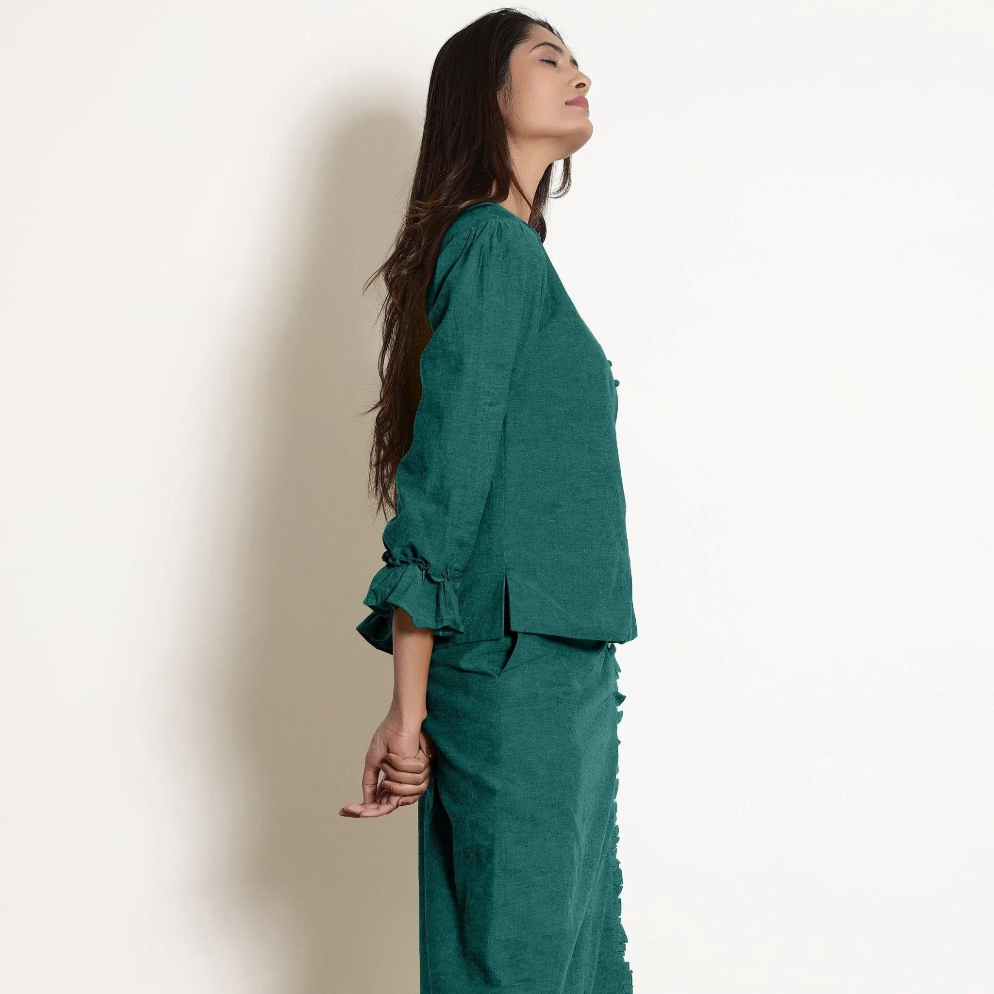 Pine Green Warm Cotton Frilled Sleeve Top