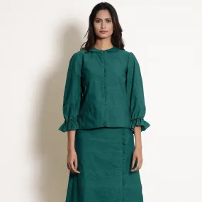 Pine Green Warm Cotton Frilled Sleeve Top