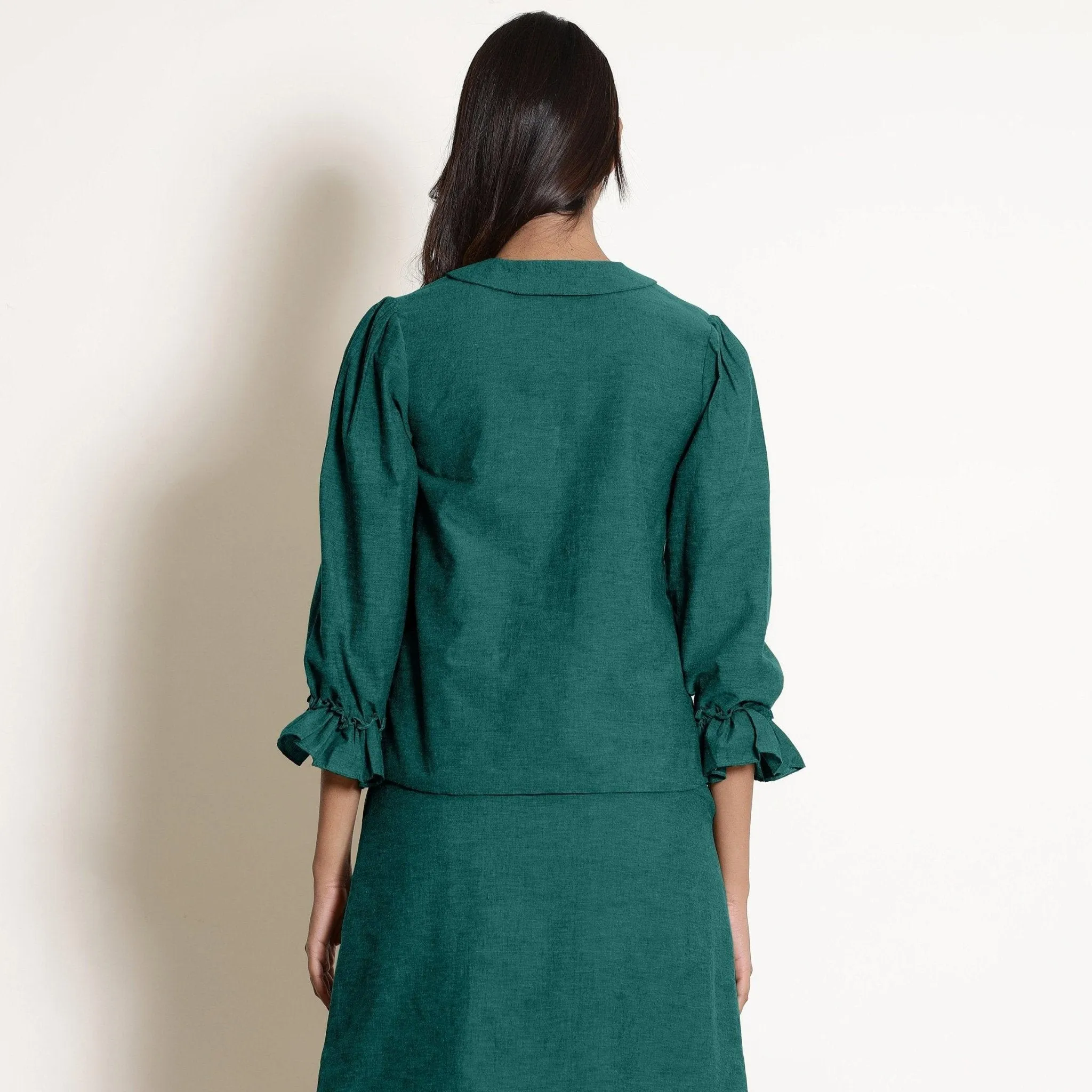 Pine Green Warm Cotton Frilled Sleeve Top