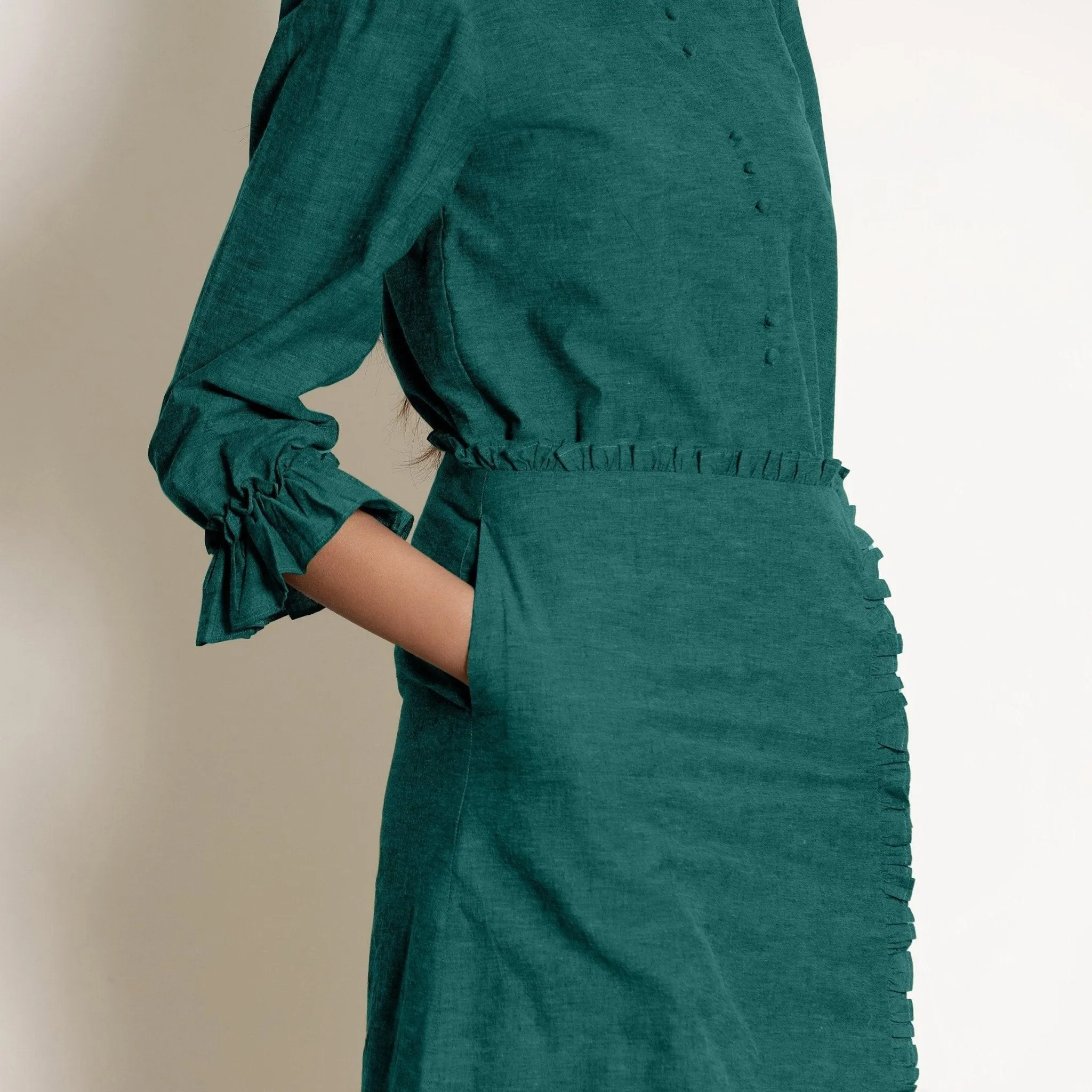 Pine Green Warm Cotton Frilled Sleeve Top