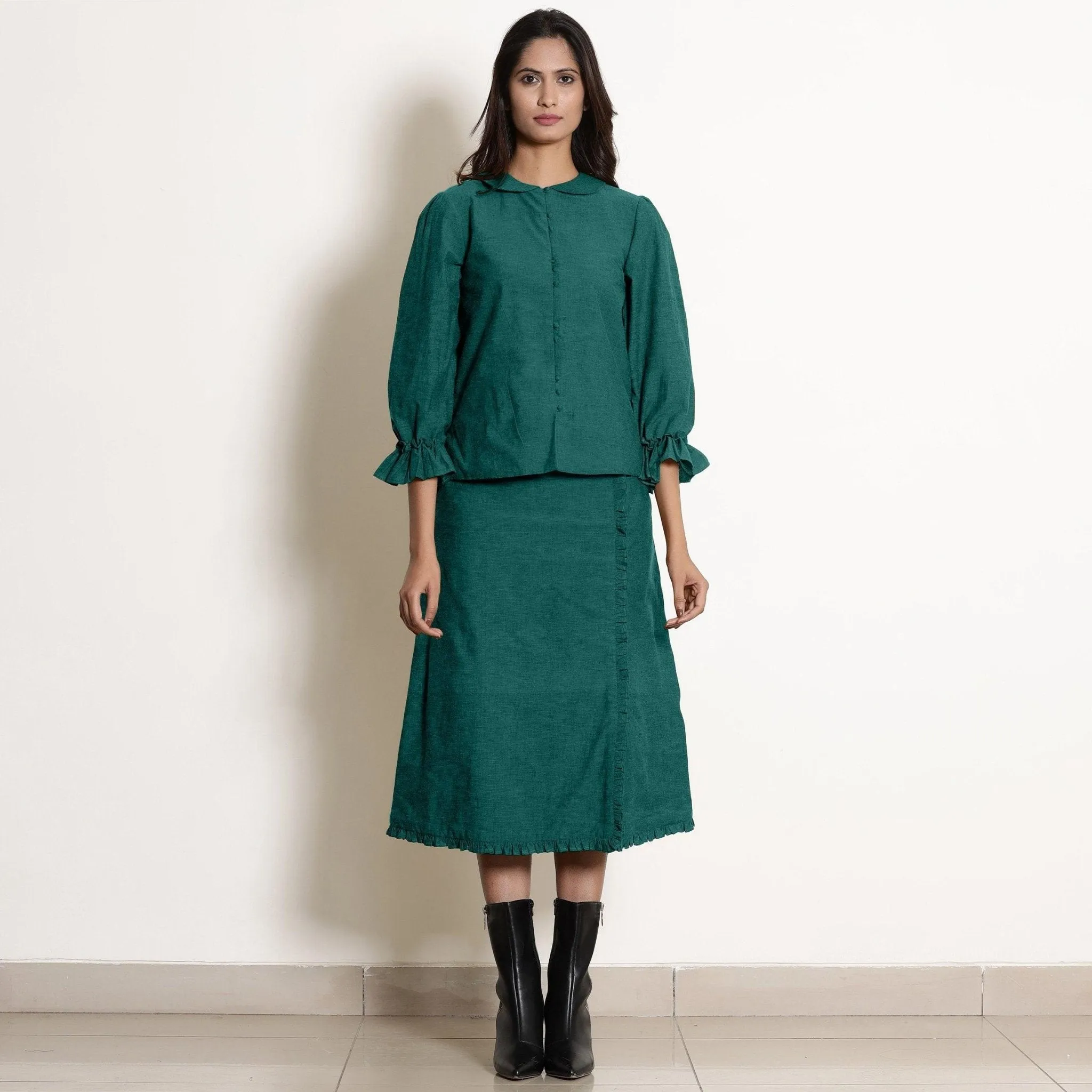 Pine Green Warm Cotton Frilled Sleeve Top