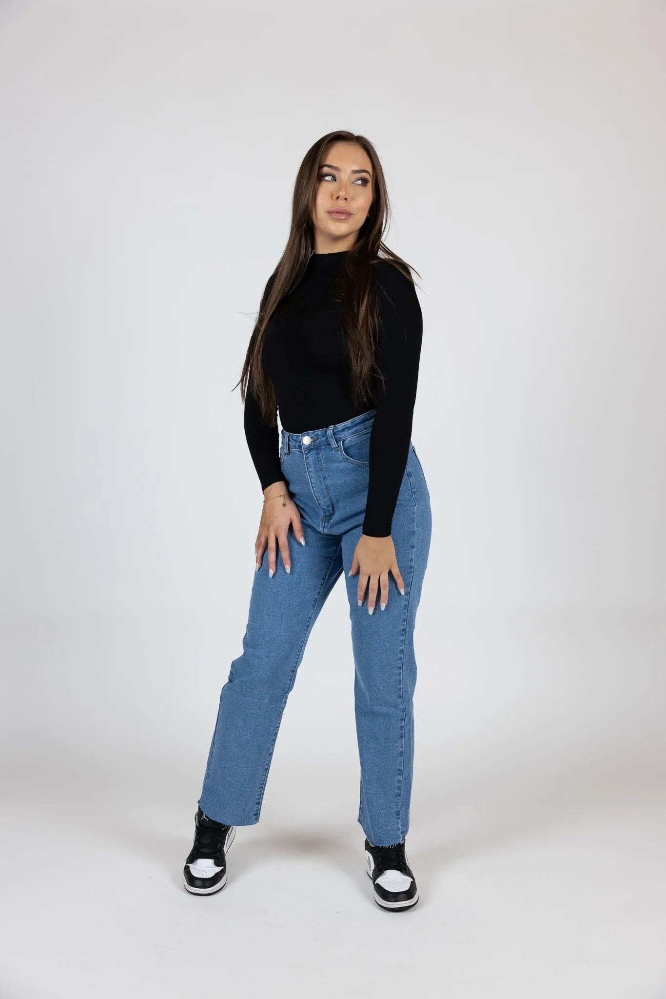 Raw Hem Stretch Straight Leg Jeans