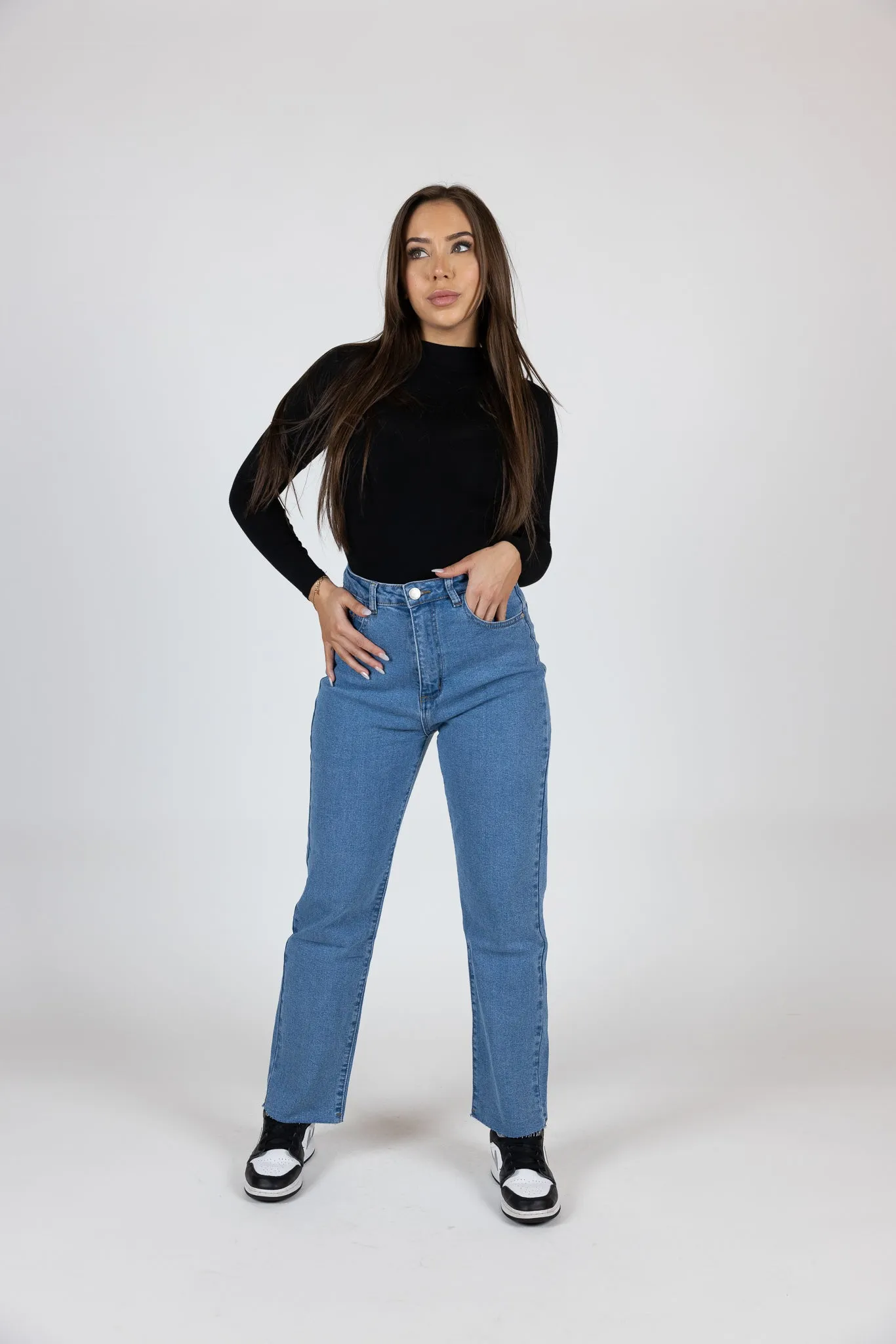 Raw Hem Stretch Straight Leg Jeans