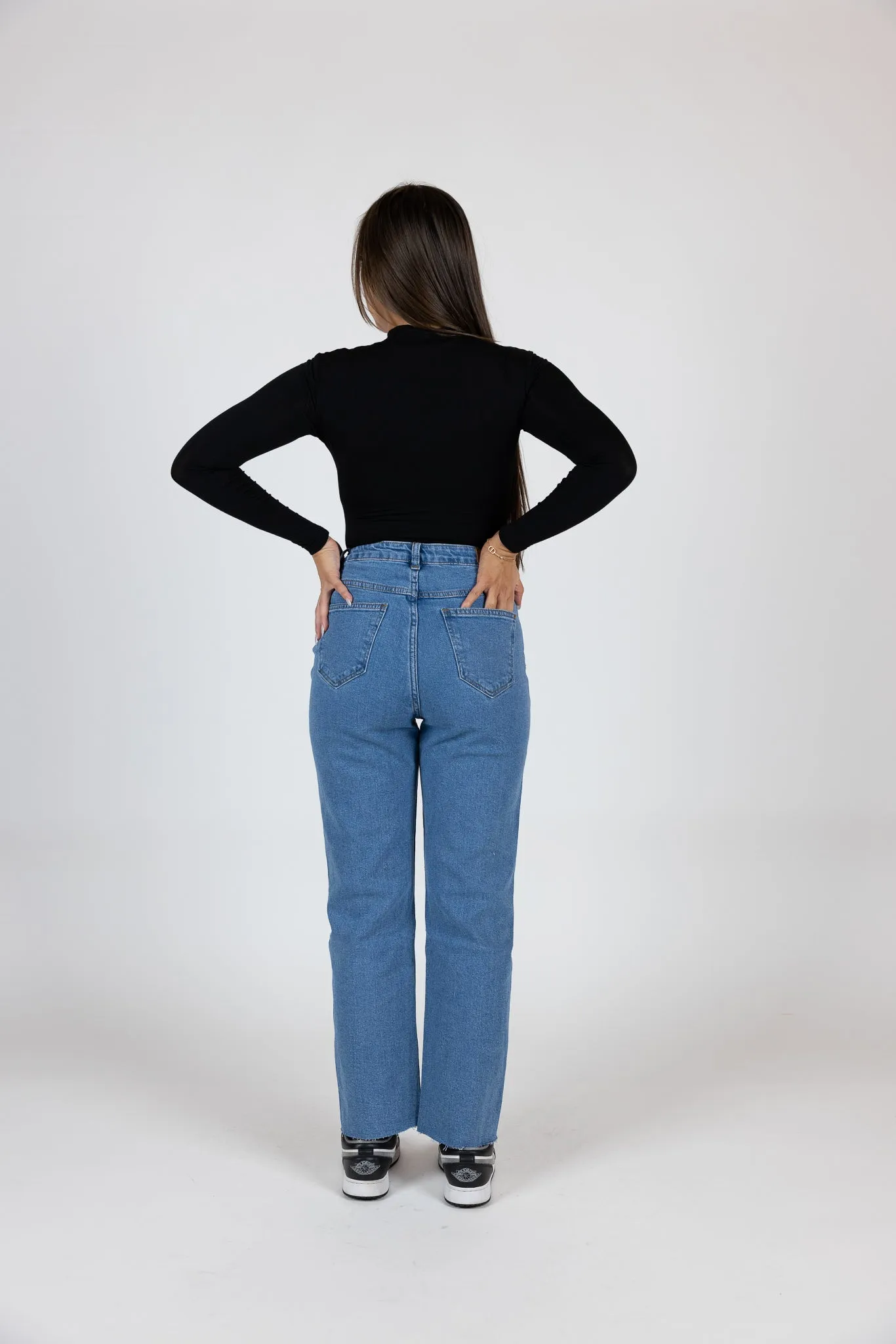 Raw Hem Stretch Straight Leg Jeans