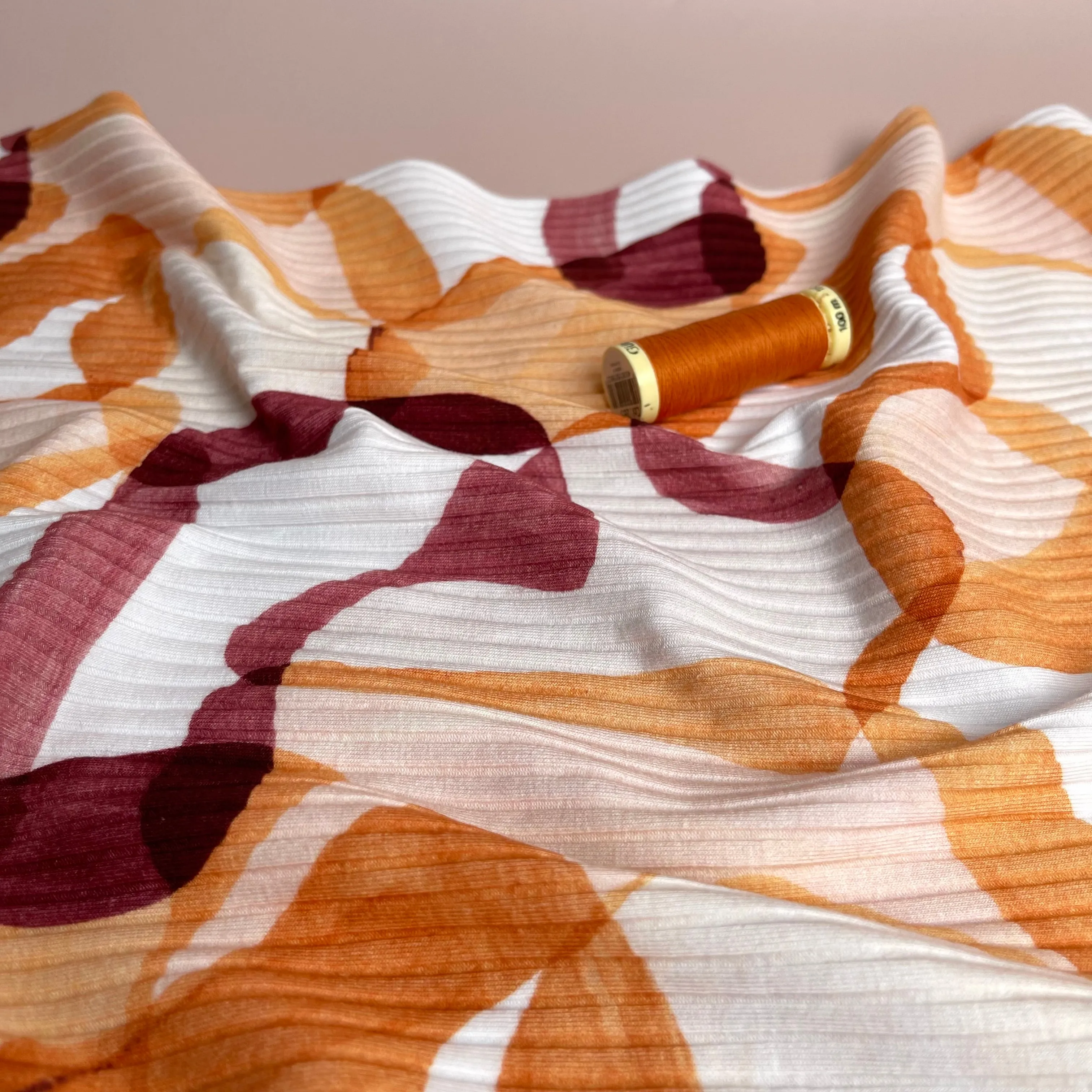 REMNANT 0.35 Metre - Abstract Shapes Rust Cotton Ribbed Jersey