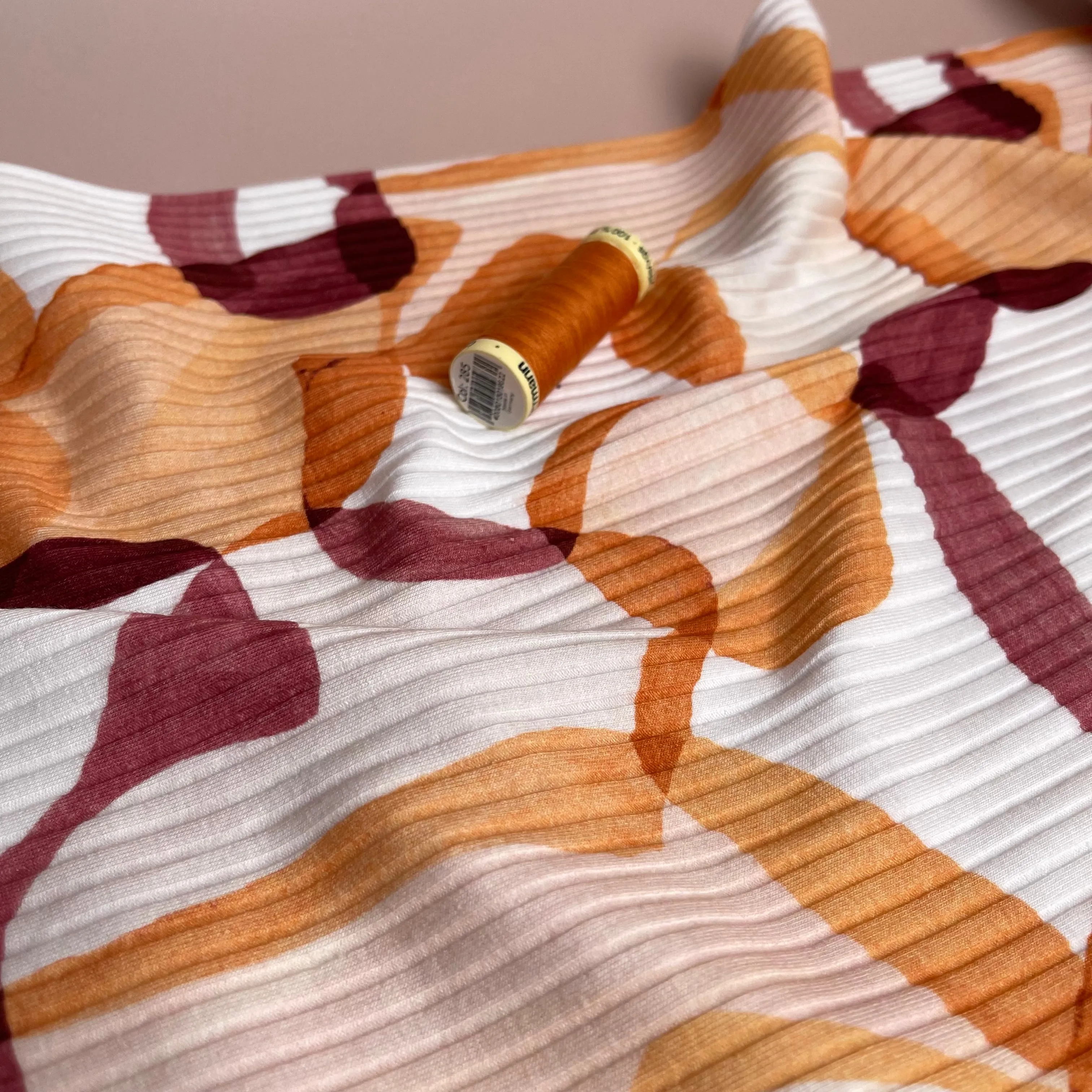 REMNANT 0.35 Metre - Abstract Shapes Rust Cotton Ribbed Jersey
