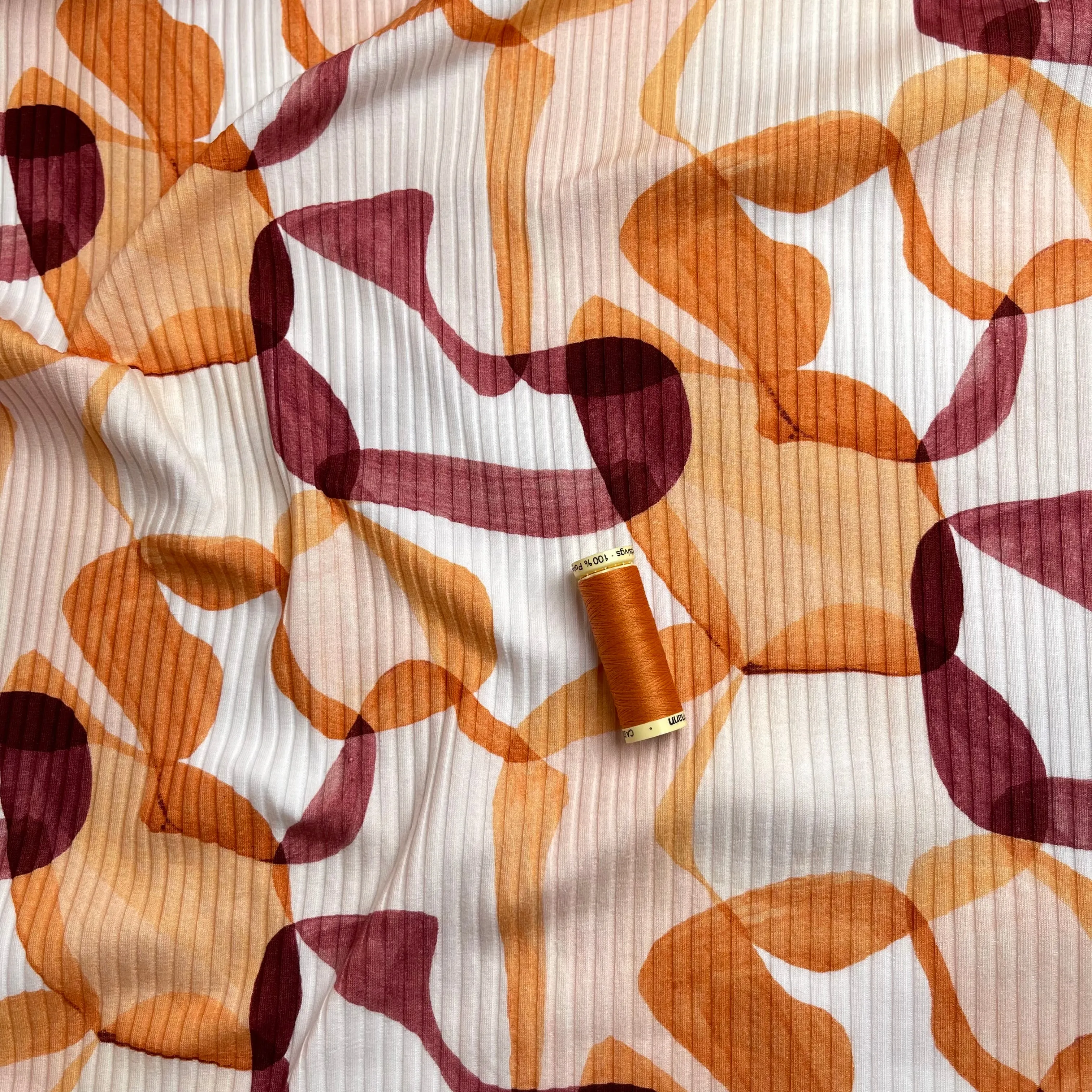 REMNANT 0.35 Metre - Abstract Shapes Rust Cotton Ribbed Jersey