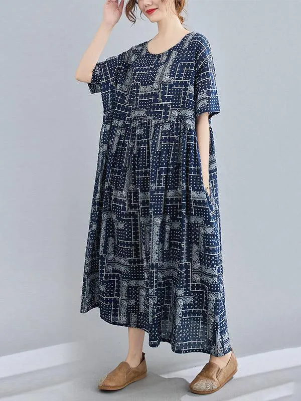 Retro Short Sleeve Round-Neck Long Dresses
