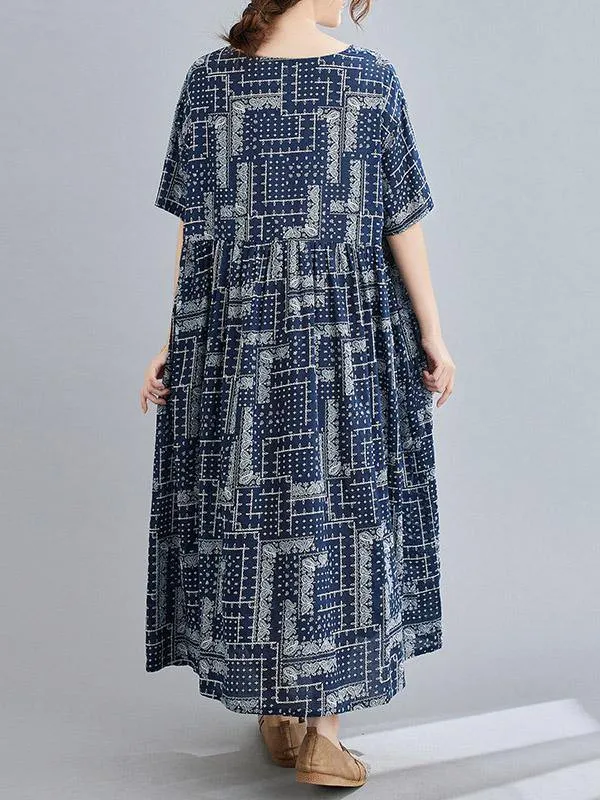 Retro Short Sleeve Round-Neck Long Dresses
