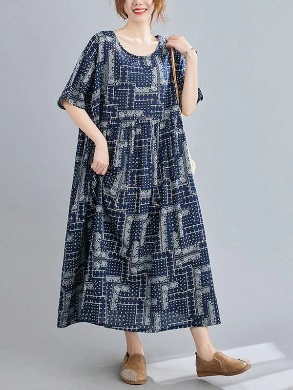 Retro Short Sleeve Round-Neck Long Dresses