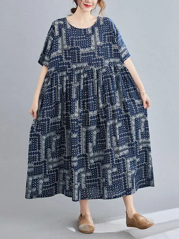 Retro Short Sleeve Round-Neck Long Dresses