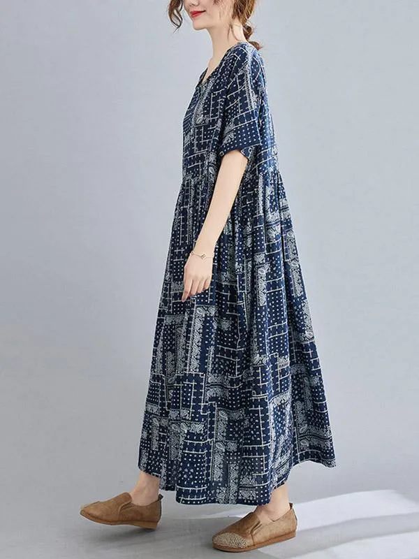Retro Short Sleeve Round-Neck Long Dresses