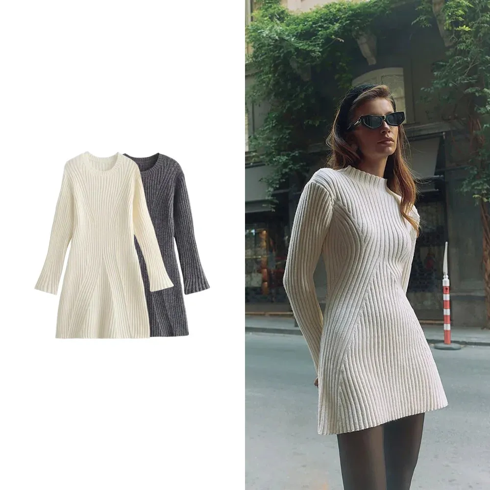 Ribbed Knit A-Line Sweater Winter Dress