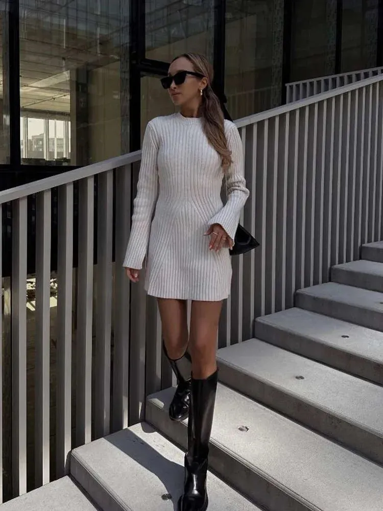 Ribbed Knit A-Line Sweater Winter Dress