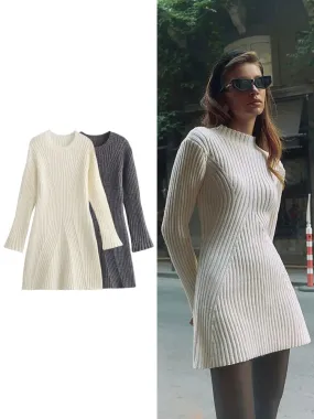 Ribbed Knit A-Line Sweater Winter Dress