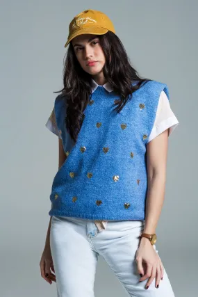 Sleeveless sweater in blue with silver sequin hearts