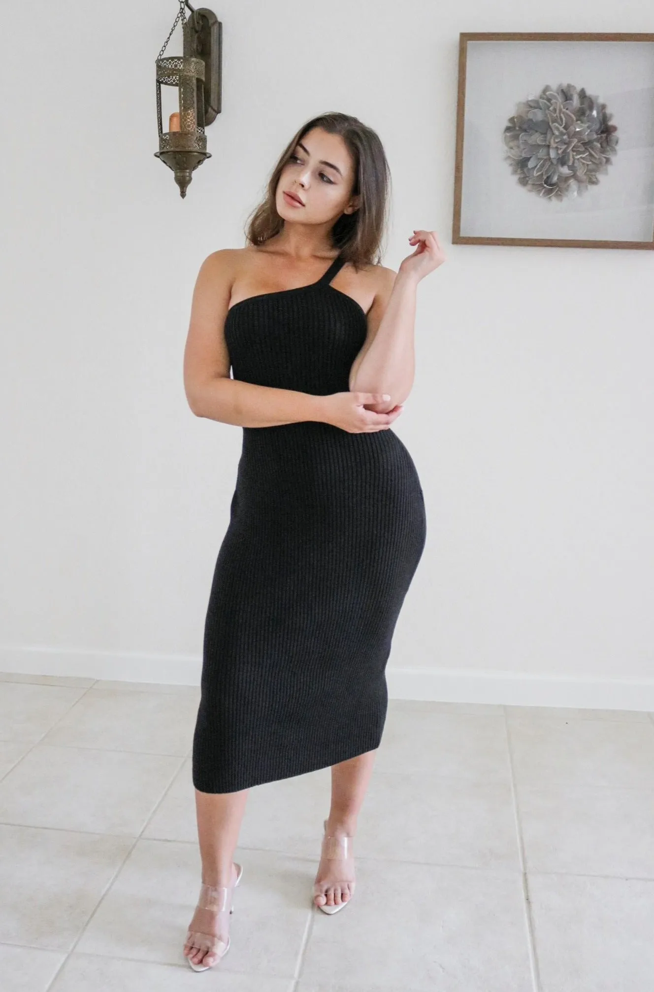 'Starlet' One Shoulder Ribbed Dress in Black
