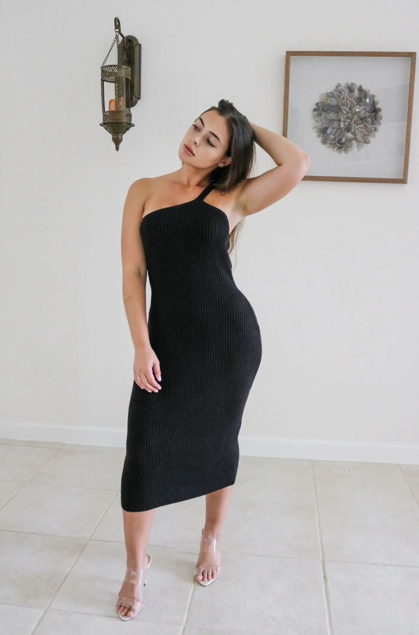 'Starlet' One Shoulder Ribbed Dress in Black