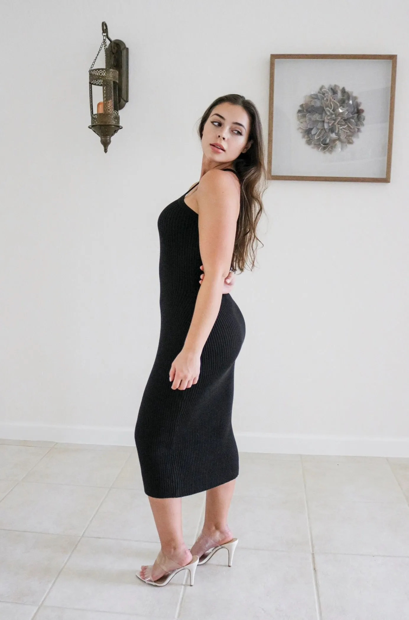 'Starlet' One Shoulder Ribbed Dress in Black