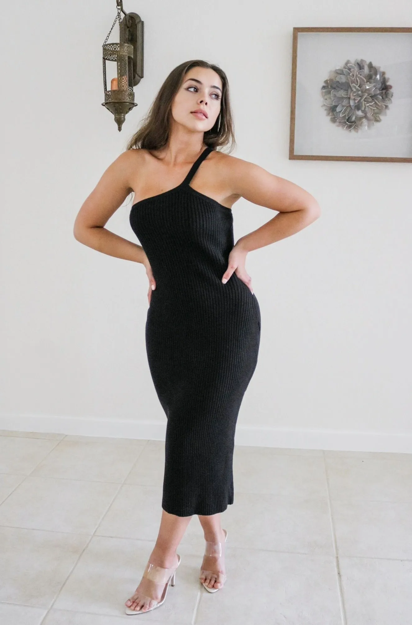 'Starlet' One Shoulder Ribbed Dress in Black