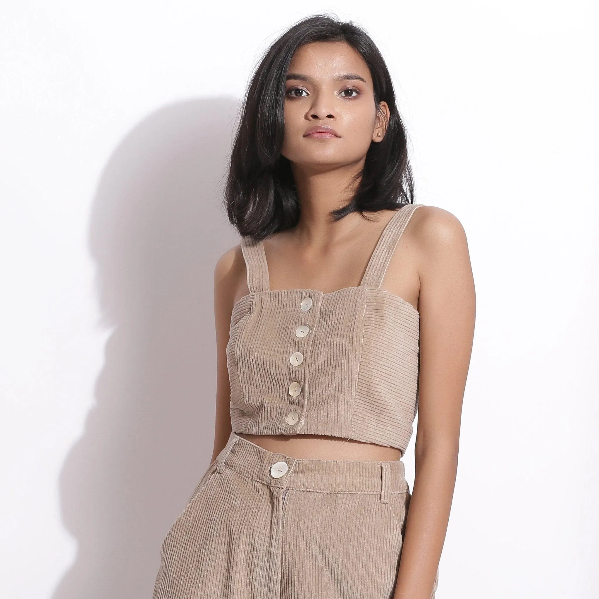 Taupe Beige Warm Cotton Corduroy Crop Top
