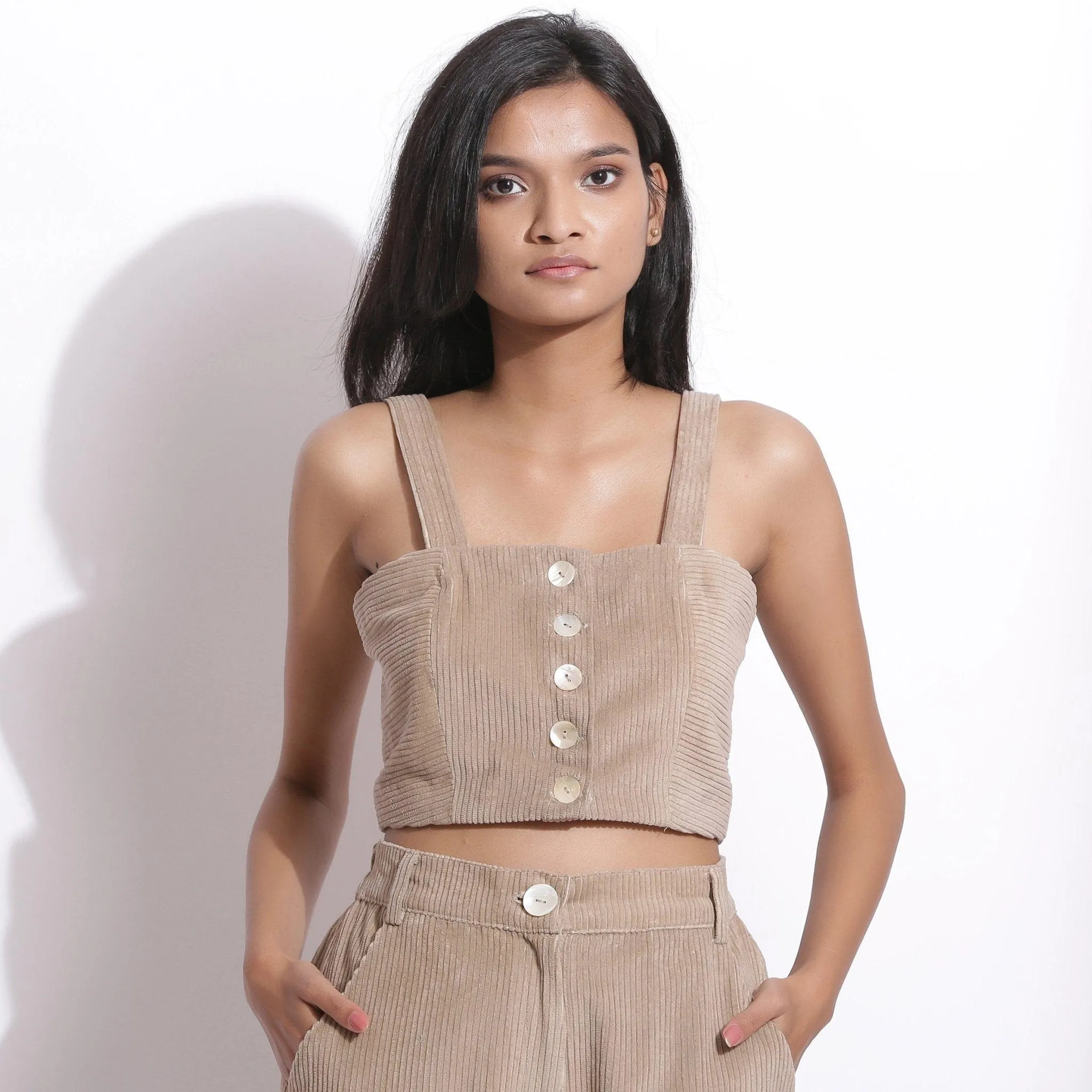 Taupe Beige Warm Cotton Corduroy Crop Top